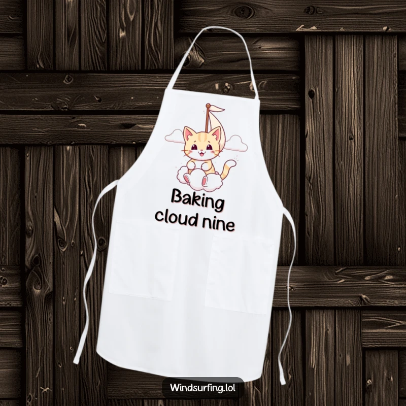 Funny apron shows a smiling cat sailing with its sail extended to catch a puffy cloud, perfect for whimsical cooks.