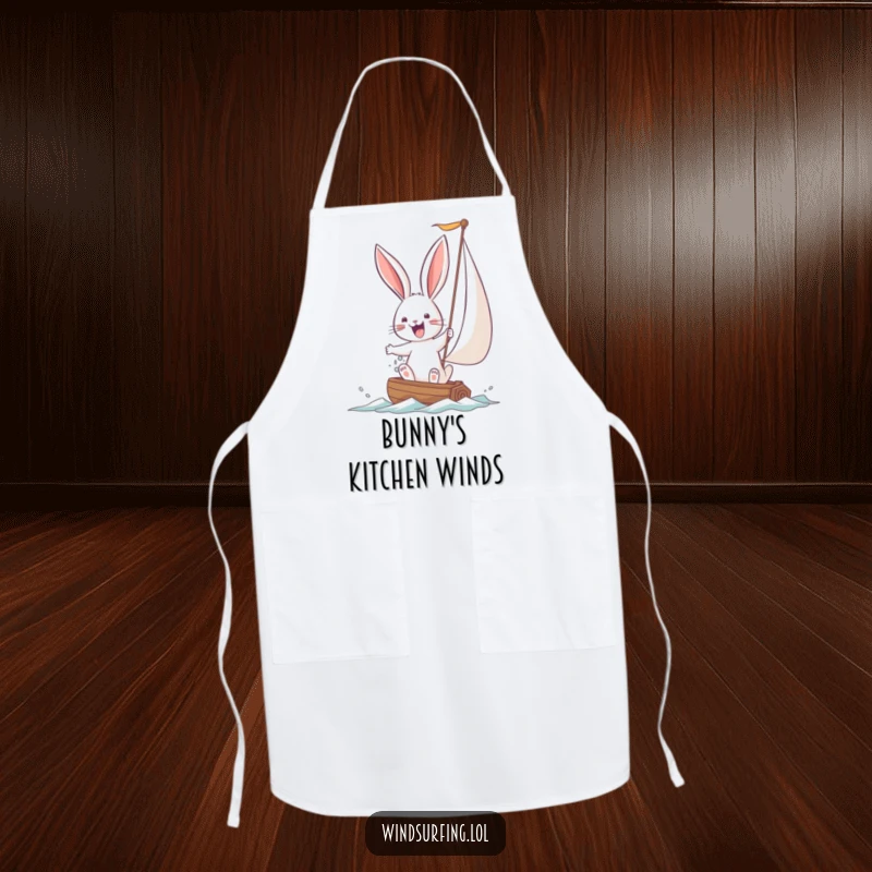 Funny Bunny Apron with a joyful bunny struggling with a large sail. Protects clothes while adding humorous determination to cooking.