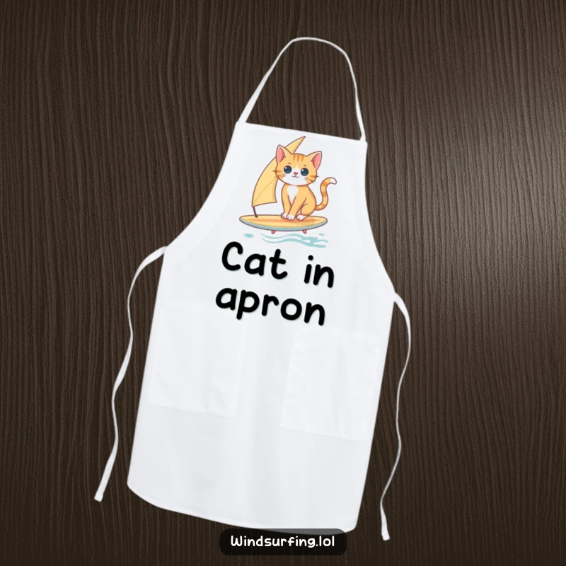Funny Cat Surfing Apron: A curious cat balances on a surfboard with a sail, perfect for kitchen exploration.