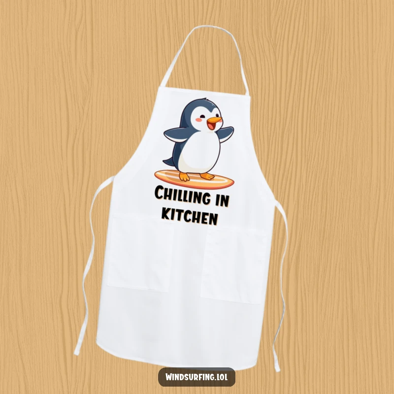 Funny Penguin Surfing Apron: A joyful penguin glides on a surfboard, ready to add humor to meal prep.