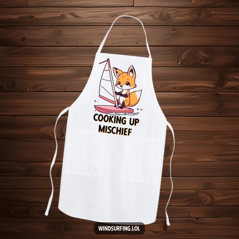 Funny fox windsurfer apron, depicting a curious fox humorously steering a windsurf sail, adding a playful touch to kitchen wear.