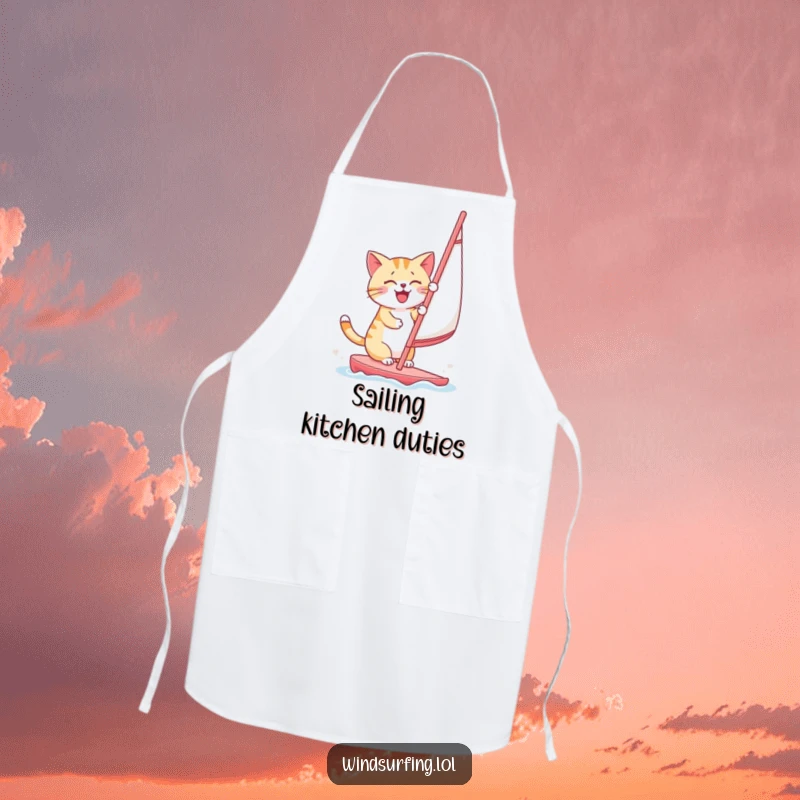 Funny cartoon cat in an apron, windsurfing with a spatula and whisk, ready for kitchen fun.