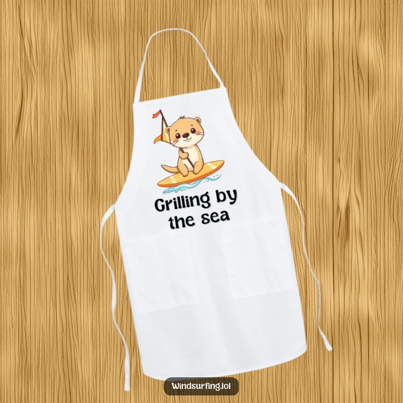 Funny apron featuring a cheerful otter surfing on a surfboard with a sail, enjoying the kitchen waves.