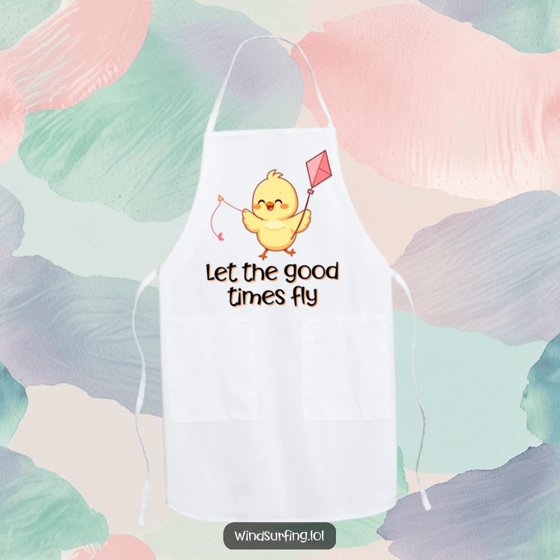 Funny apron featuring a delighted chick using a kite as a sail while cooking, adding humor to meal prep.