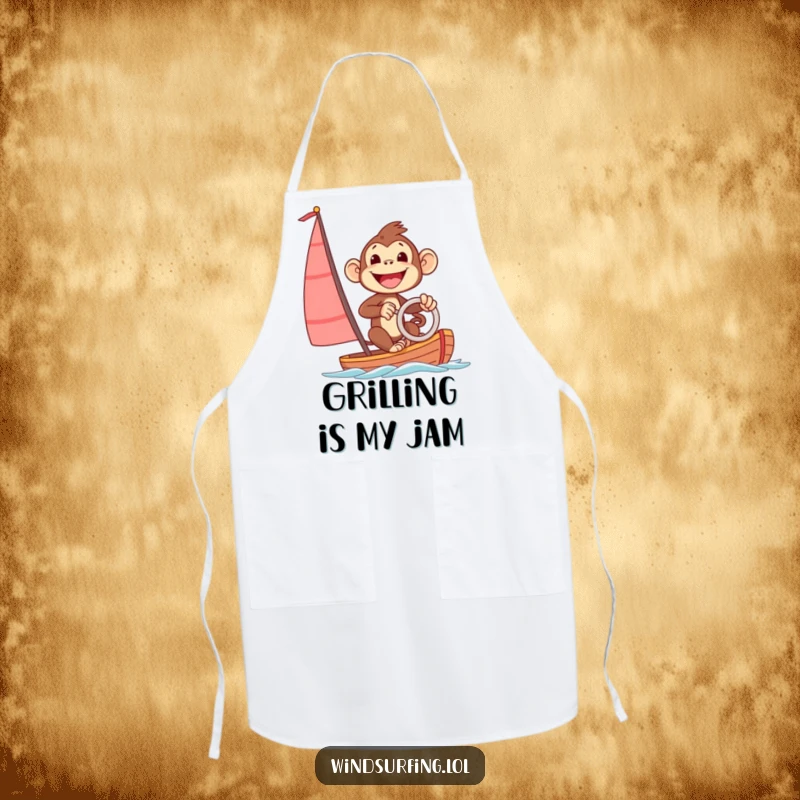 Funny apron featuring an excited monkey steering a sailboard with a big smile, perfect for kitchen adventures with a humorous, nautical touch.