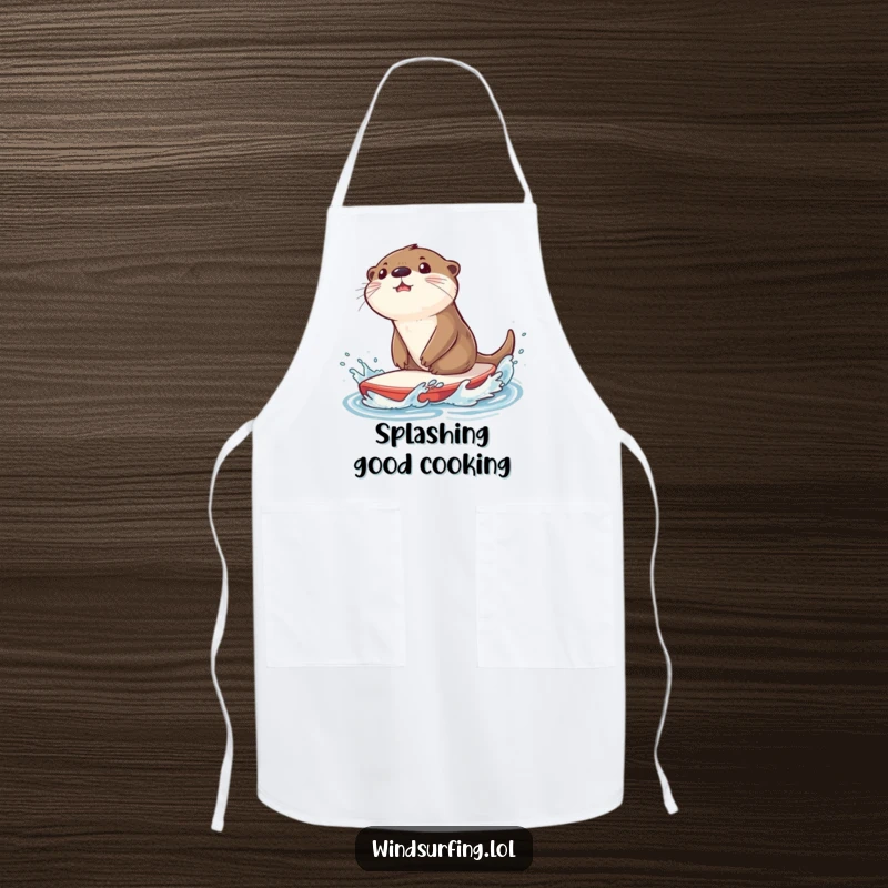 Funny apron with a surprised otter splashing water while riding a sailboard, bringing playful aquatic vibes to the kitchen.