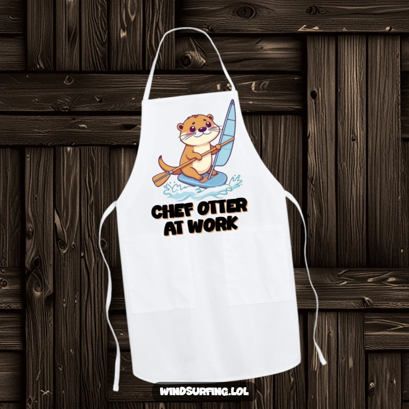 Funny Apron: An otter expertly paddles a windsurfing board, a funny and practical kitchen accessory.