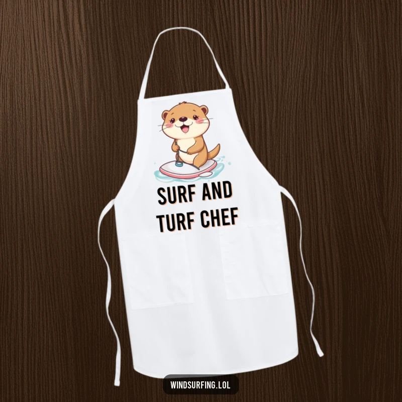 Funny Apron: A joyful otter windsurfing on a tiny board, perfect for kitchen or outdoor cooking.