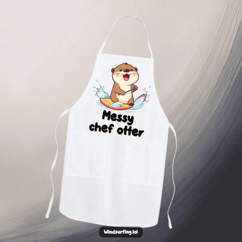 Funny otter splashing water while windsurfing on a board, illustrated on a kitchen apron for a humorous and practical cooking experience.