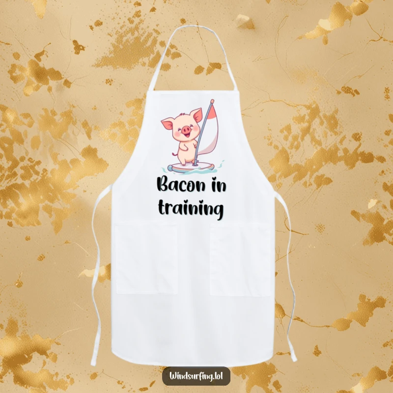 Funny piglet windsurfing happily, featured on a practical kitchen apron, combining culinary protection with adorable, playful humor.