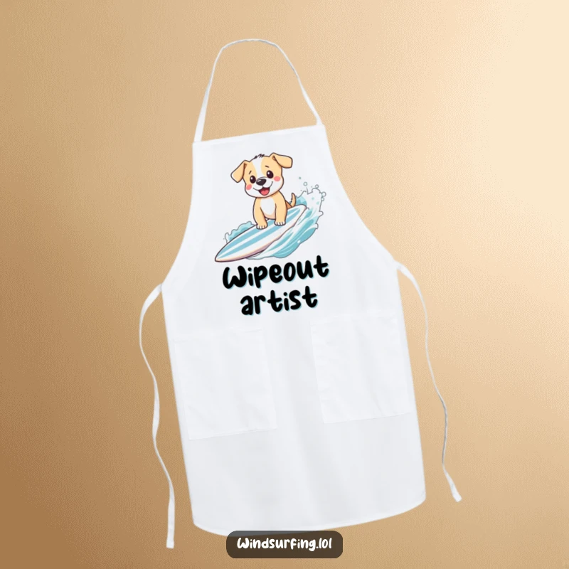 Funny puppy surfing with a wave, featured on a practical kitchen apron, combining culinary protection with adorable and humorous doggy charm.