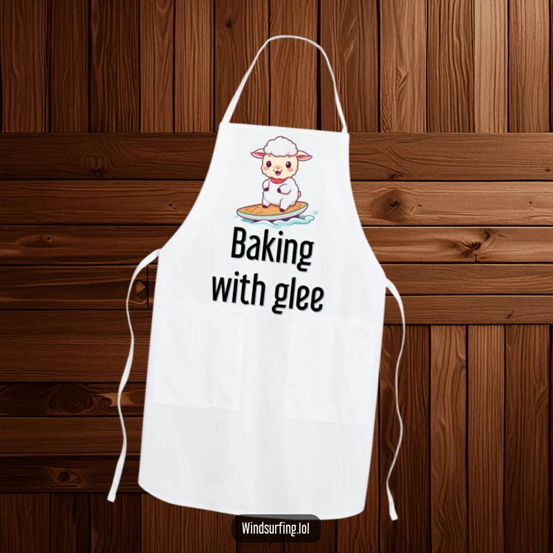Funny cheerful sheep sailing on a small board on a kitchen apron, bringing a sense of calm and humor to cooking tasks.