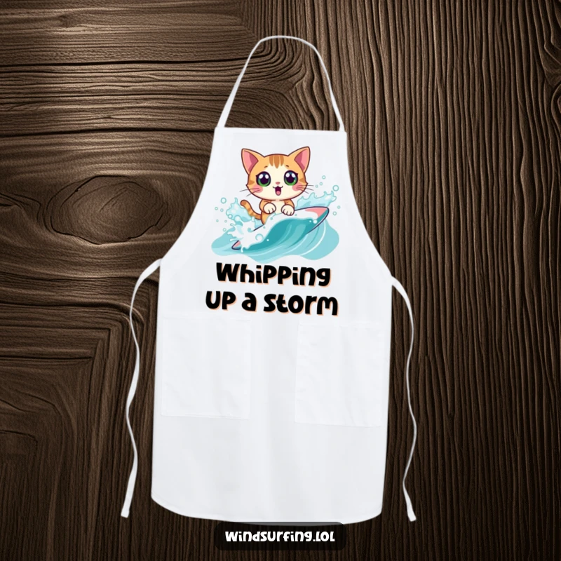 Funny Apron: A surprised cat windsurfing, perfect for kitchen adventures with a splash of humor, a delightful funny gift.