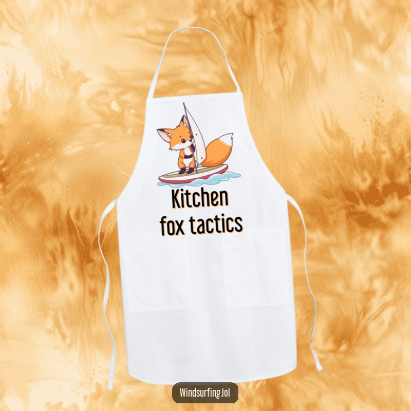 Funny fox adjusting its sail on a small surfboard, illustrated on a kitchen apron for a humorous and practical cooking experience.
