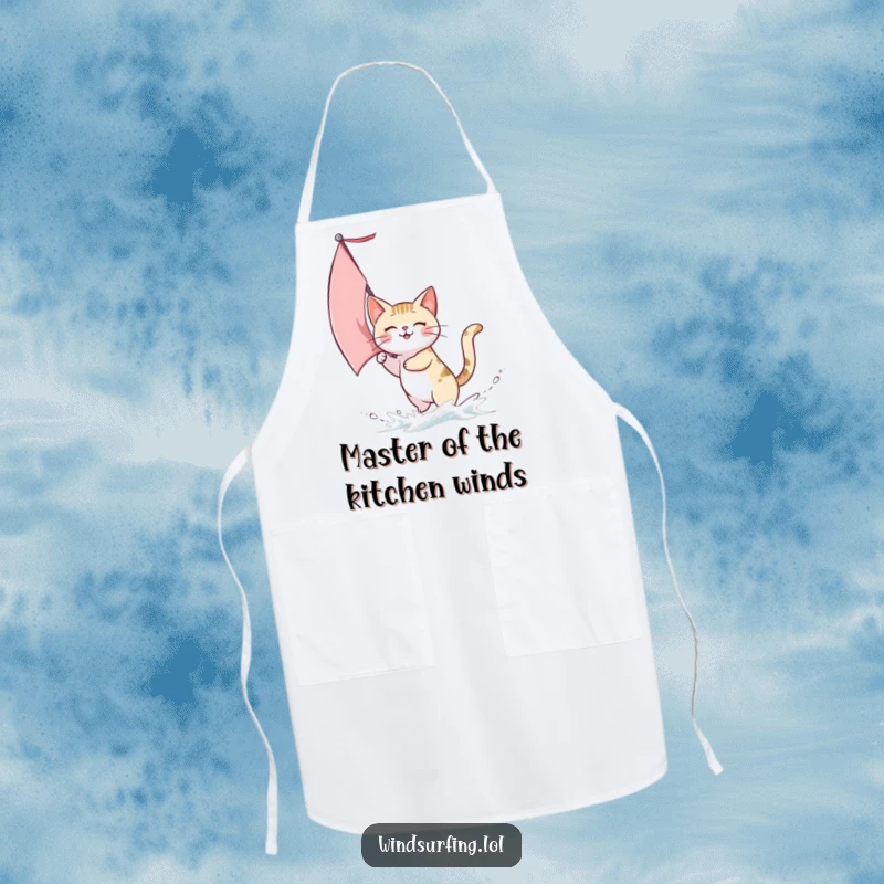 Funny apron showing a cat with a sail catching wind, ready to navigate the culinary seas with a smile.