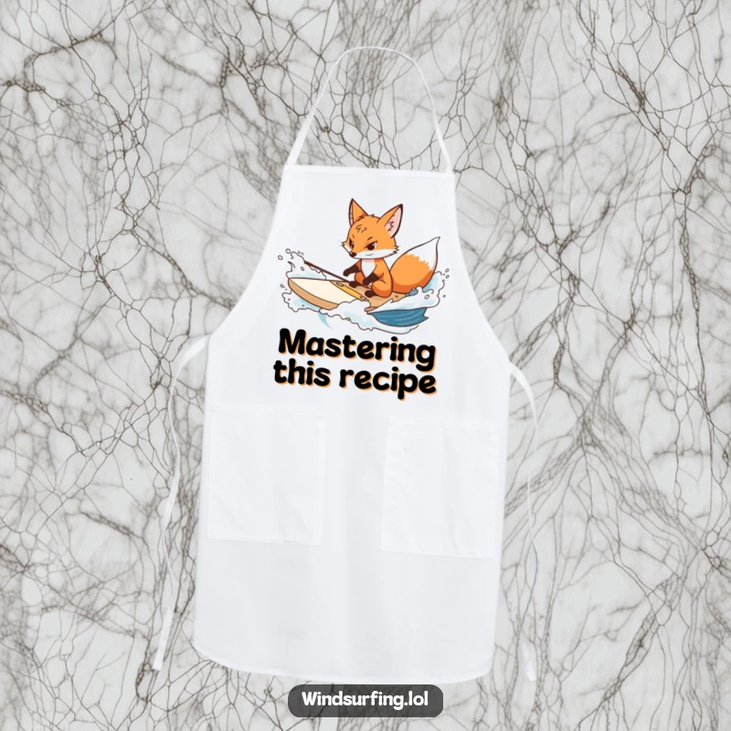 Funny fox apron showing a determined fox steering a surfboard through choppy water, ideal for kitchen use.
