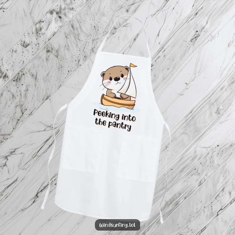 Funny otter peeking from a sailboat on a kitchen apron, bringing playful nautical charm to cooking and baking tasks.