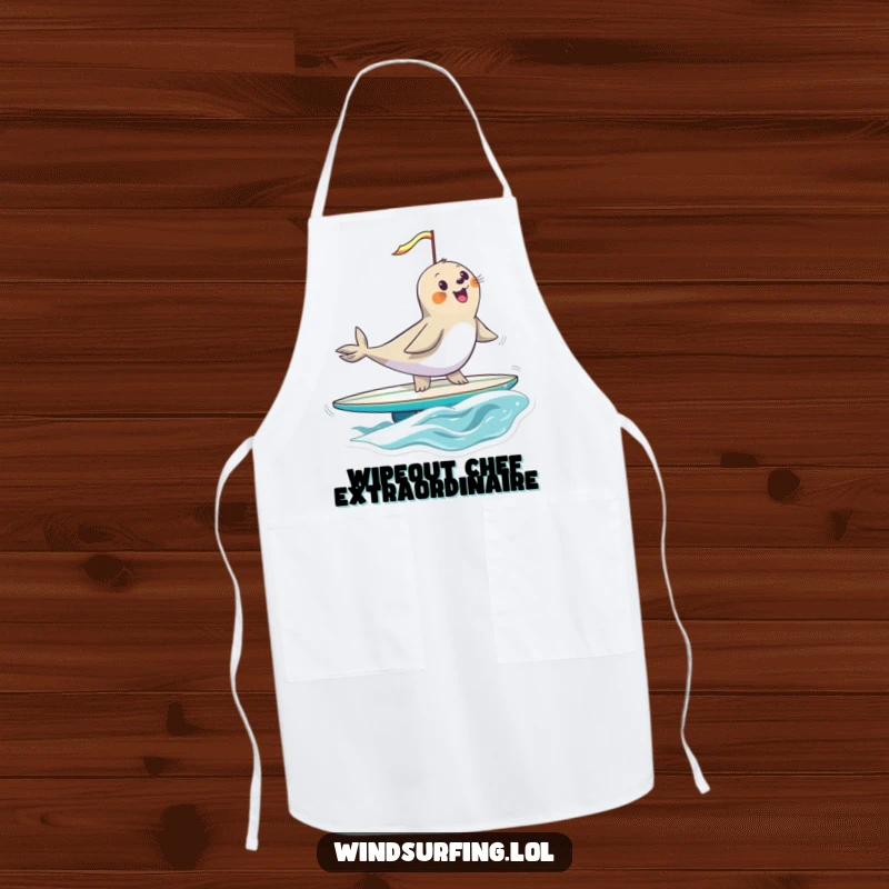 Funny seal windsurfing with a sail, balancing on a surfboard, illustrated on a kitchen apron for a humorous and practical cooking experience.