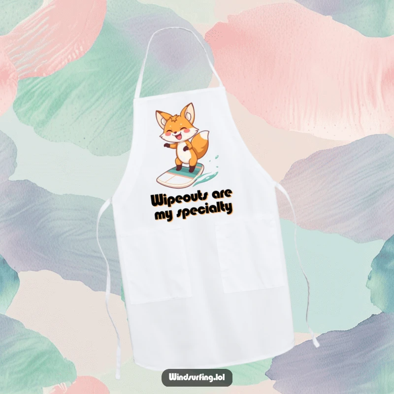 Funny fox windsurfing apron, showing a fox masterfully windsurfing with a huge grin, ideal for chefs and home cooks seeking humor.
