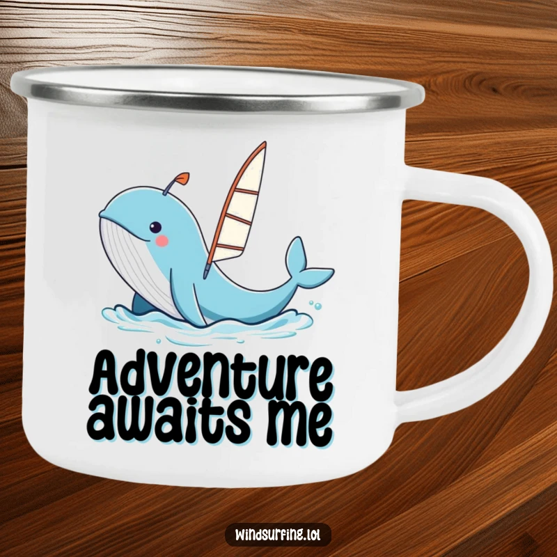 Funny whale spouting water, launching a windsurfing board, enamel camping mug, humorous outdoor graphic.