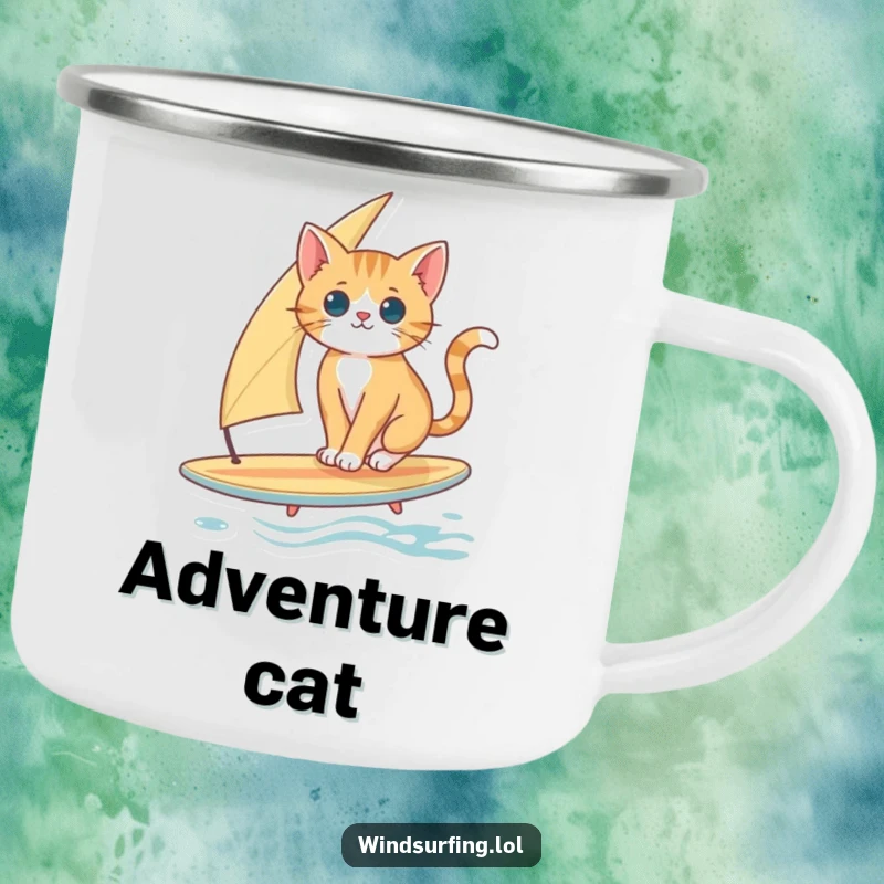 Funny Cat Surfing Camping Mug: A curious cat balances on a surfboard with a sail, ready for campfire exploration.