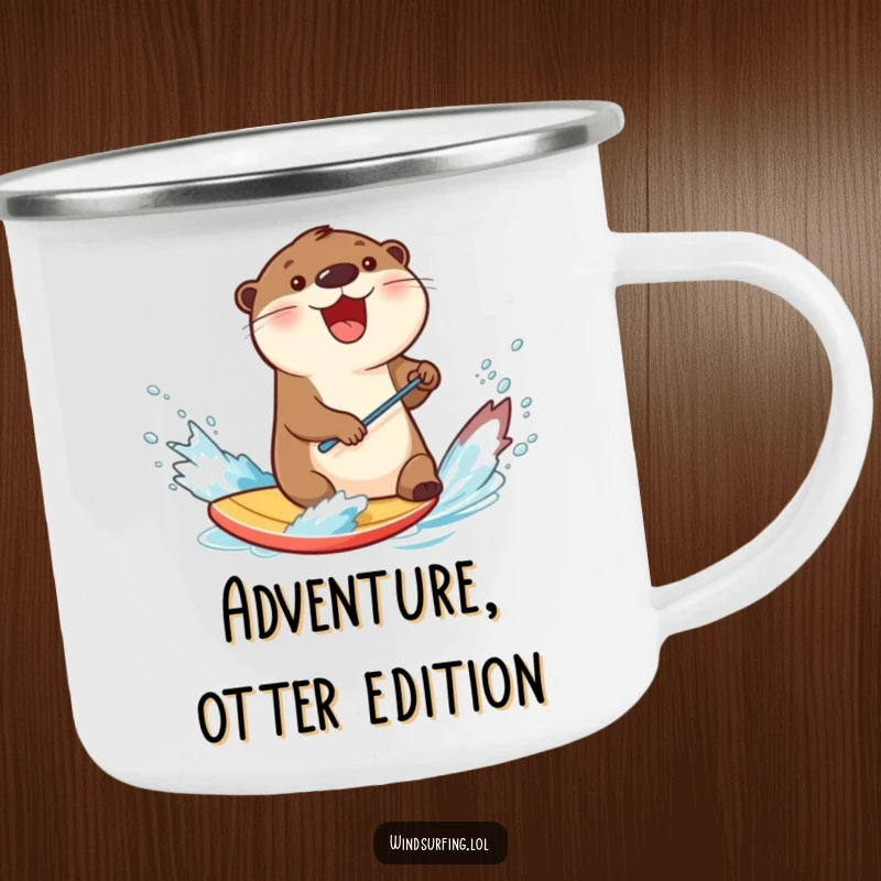 Funny otter splashing water while windsurfing on a board, designed for a humorous camping mug, bringing playful adventure to your drink.