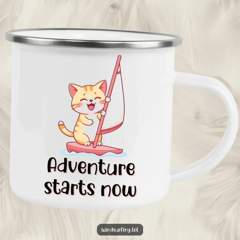 Funny enamel camping mug with a cheerful cat windsurfing design for outdoor enthusiasts.