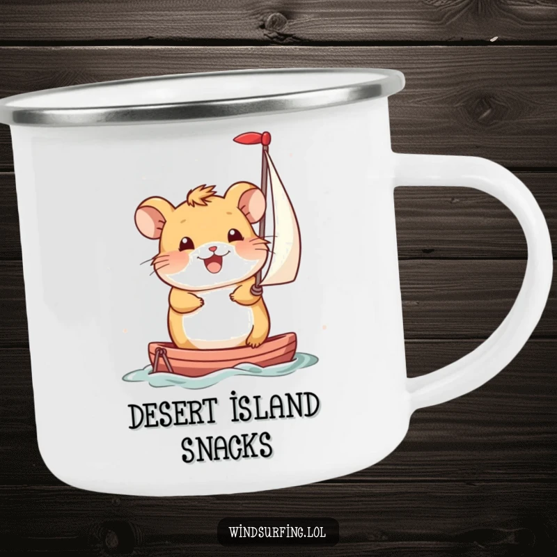 Funny Camping Mug: Smiling hamster propels itself with a miniature sail, perfect for humorous outdoor beverages and motivation.