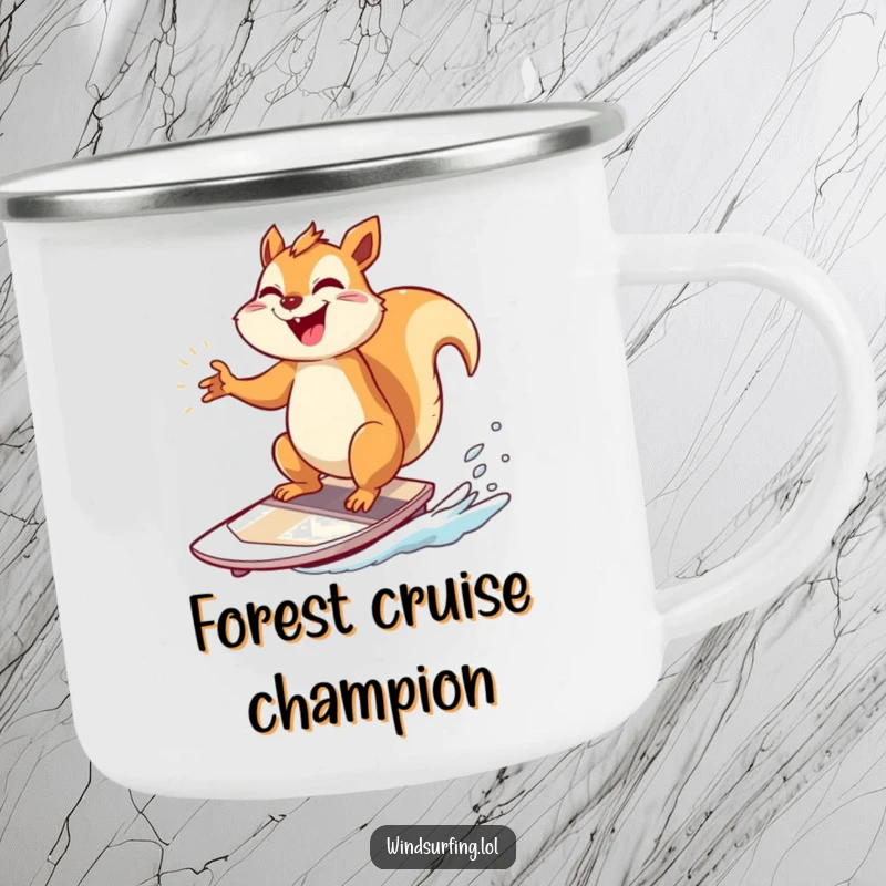 Funny Camping Mug: A squirrel poses triumphantly on a windsurfing board, perfect for funny outdoor celebrations.