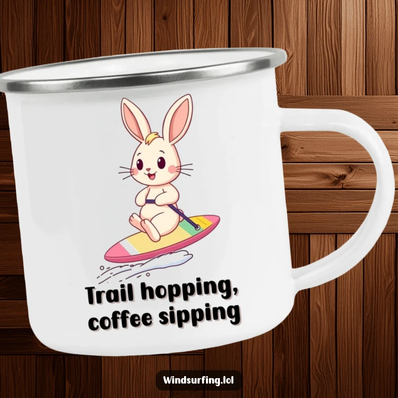 Funny bouncing bunny sailboarding with ears in the wind on a robust camping mug, perfect for adventurers.
