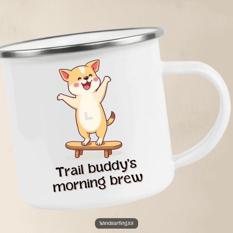 Funny Camping Mug featuring a dog balancing on a surfboard, designed for outdoor enthusiasts who love dogs and adventure.