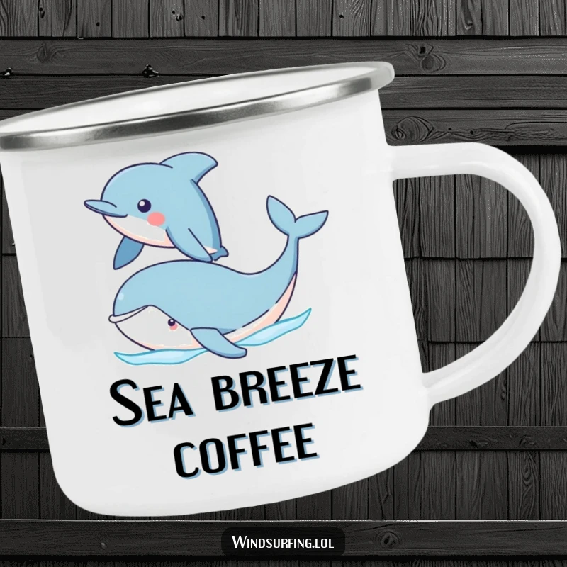 Funny Dolphin and Whale Camping Mug featuring a proud dolphin sailing past a cute whale. Durable and fun for all your adventures.