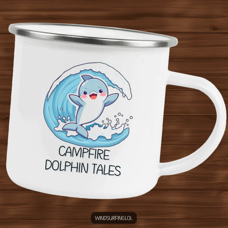 Funny camping mug showing a playful dolphin joyfully catching a wave with arms outstretched, perfect for outdoor fun and ocean vibes.