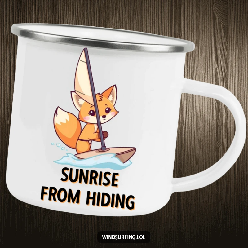 Funny Camping Mug: A curious fox peeks from behind a windsurfing sail, perfect for humorous outdoor beverages and intrigue.