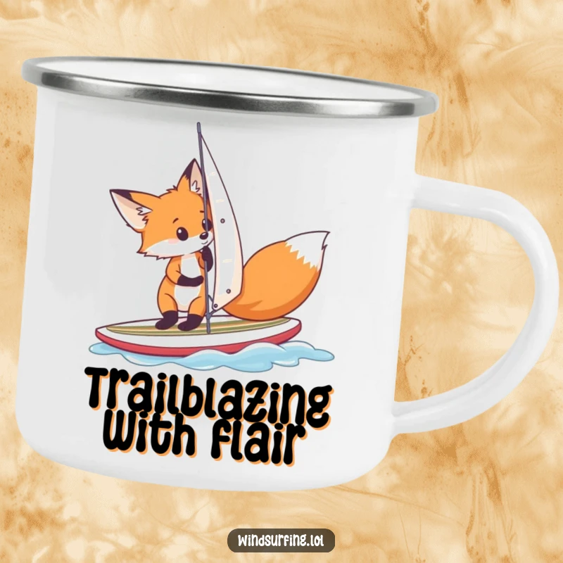 Funny fox adjusting its sail on a small surfboard, designed for a humorous camping mug, bringing curious adventure to your drink.