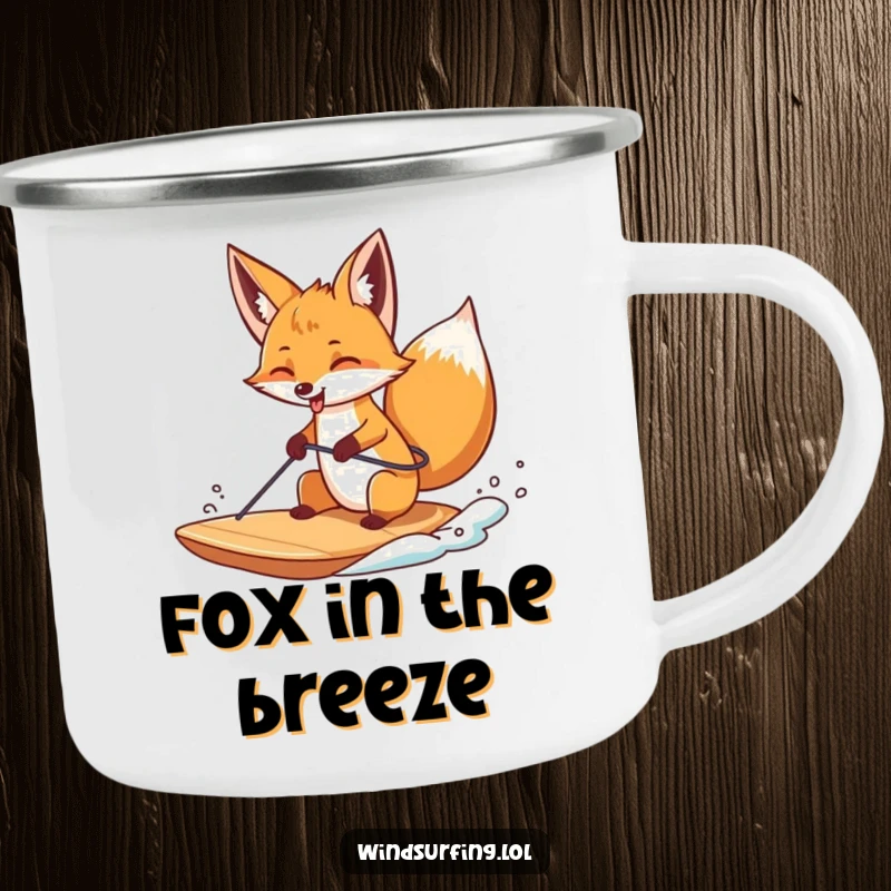 Funny camping mug featuring a curious fox windsurfing with its tongue sticking out, perfect for outdoor adventures and humor.