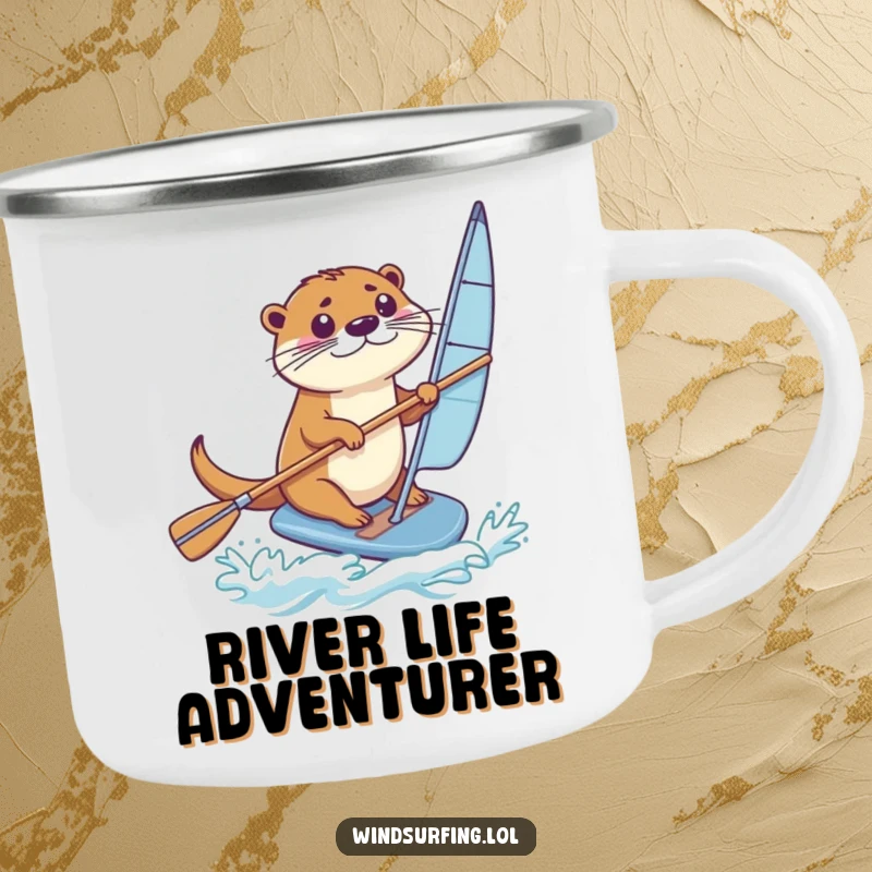 Funny Camping Mug: An otter steers a windsurfing board with a paddle, perfect for funny outdoor focus.
