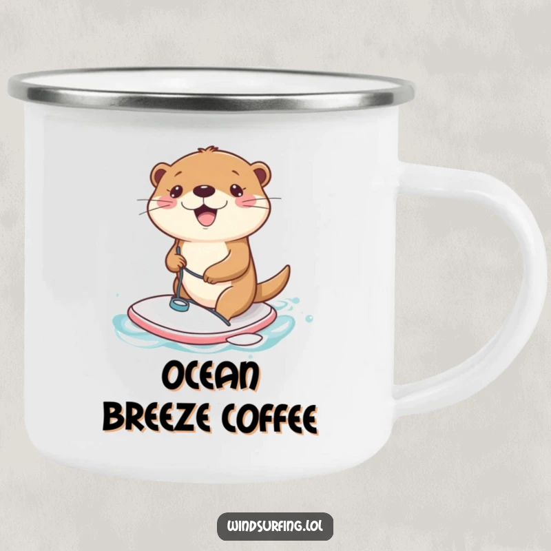 Funny Camping Mug: A joyful otter windsurfing on a tiny board, perfect for outdoor enthusiasts.