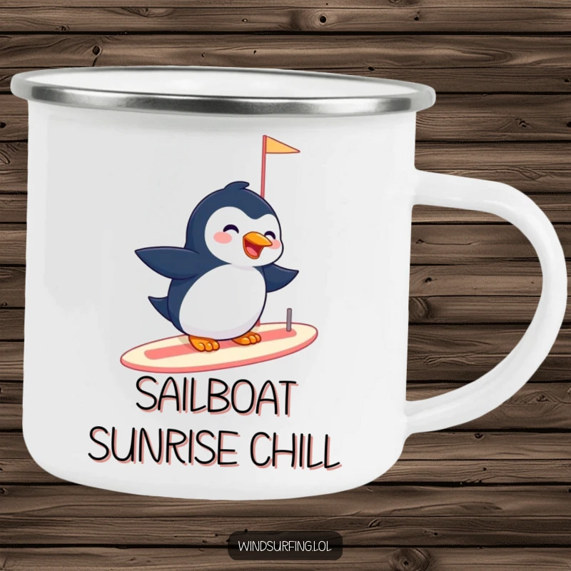 Funny camping mug featuring a giggling penguin effortlessly gliding on a sailboard, perfect for enjoying drinks on arctic adventures.