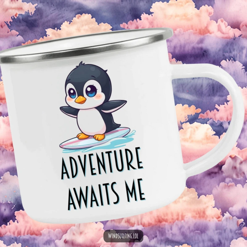 Funny camping mug showing a curious penguin with wide eyes, wobbling on a surfboard with a campfire in the background.