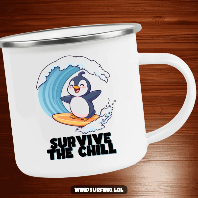 Funny penguin laughing while surfing on a surfboard with a wave behind it, designed for a humorous camping mug.