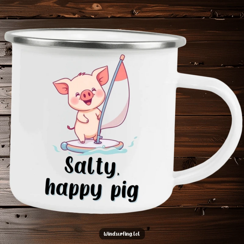 Funny piglet windsurfing with a joyful expression, printed on a durable camping mug, adding a touch of cute humor to outdoor enjoyment.