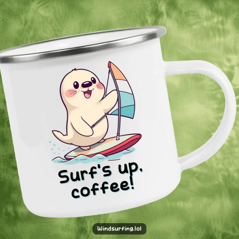Funny seal comically balancing on a windsurfing board, ideal for a strong and funny camping mug.