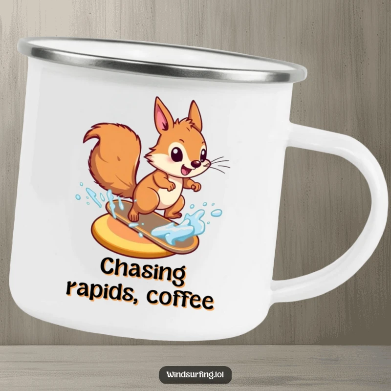 Funny energetic squirrel zooming across water on a board on a durable camping mug, ready for any outdoor excursion.