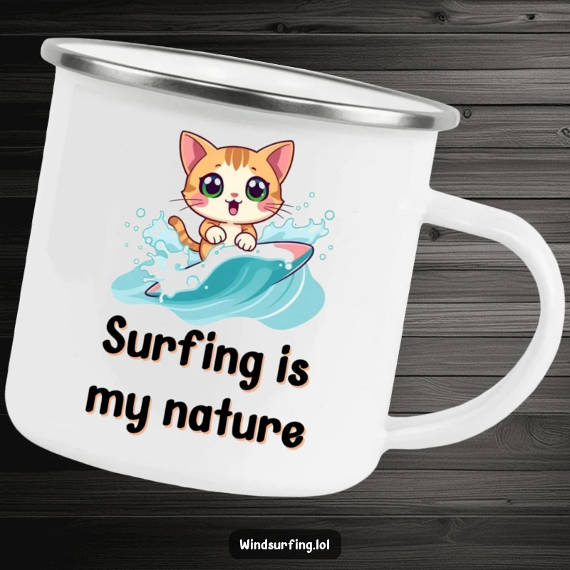 Funny Camping Mug: A surprised cat windsurfing, bringing splashy fun to outdoor adventures, a durable funny gift.