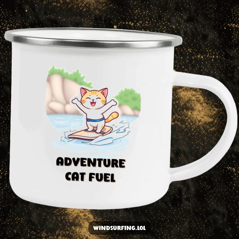 Funny camping mug featuring a joyful cat windsurfing, built for outdoor adventures and feline humor.