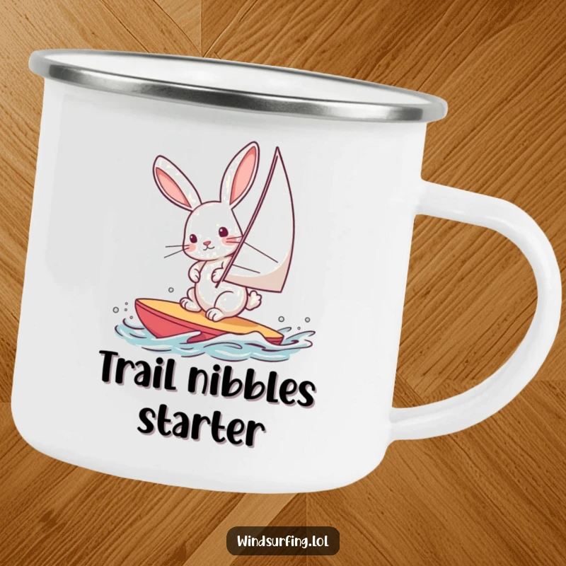 Funny camping mug featuring a curious rabbit windsurfing, built for outdoor adventures and hare humor.
