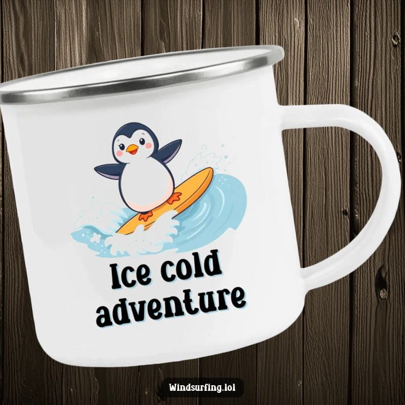 Funny enamel camping mug showcasing a determined penguin windsurfing on a choppy wave, perfect for outdoors.