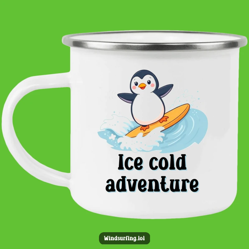 Funny Penguin Windsurfing Camping Mug: Playful Surfer Adventure Mug