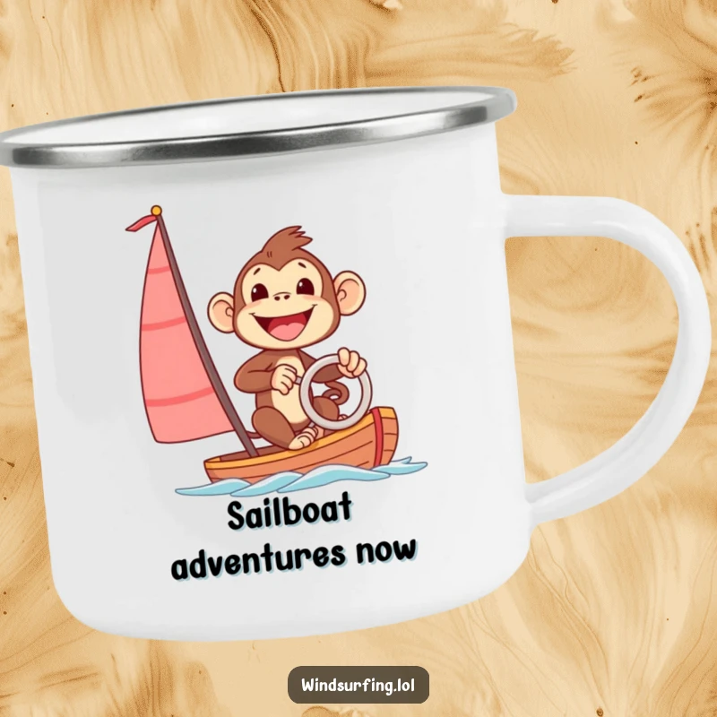 Funny camping mug showing an excited monkey steering a sailboard with a big smile, perfect for outdoor adventures and humorous enjoyment.